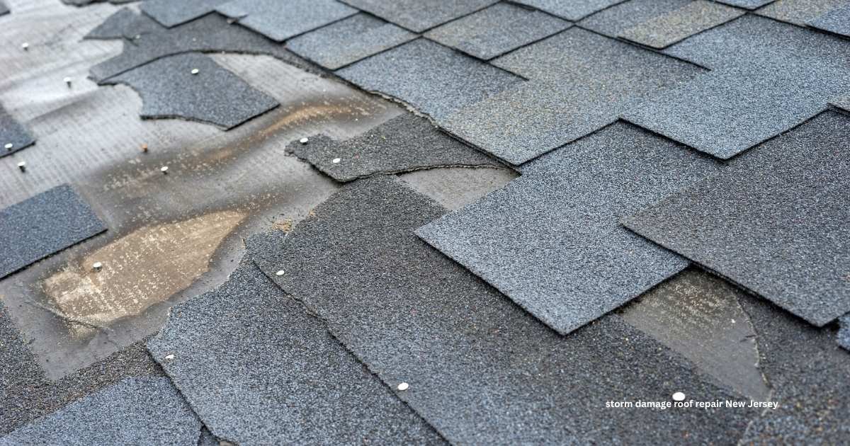 Missing asphalt shingles on a New Jersey roof after a windstorm